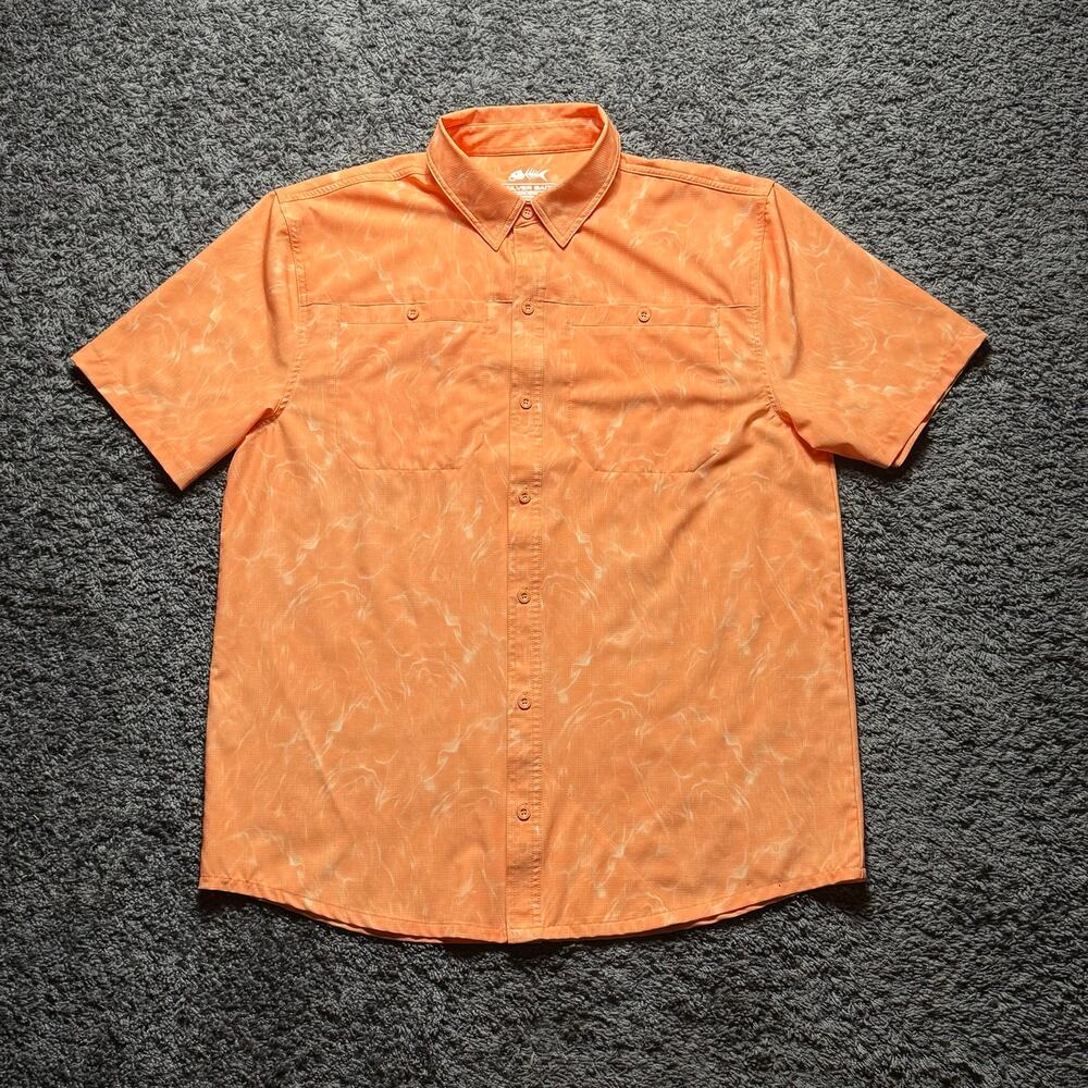 Silver Bait Mens Large Fishing Shirt Orange Water Print Performance Button Up